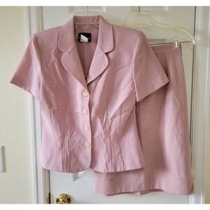 Positive Attitude Skirt Suit Size 8 Pink Floral Embroidered Shortsleeve Vintage